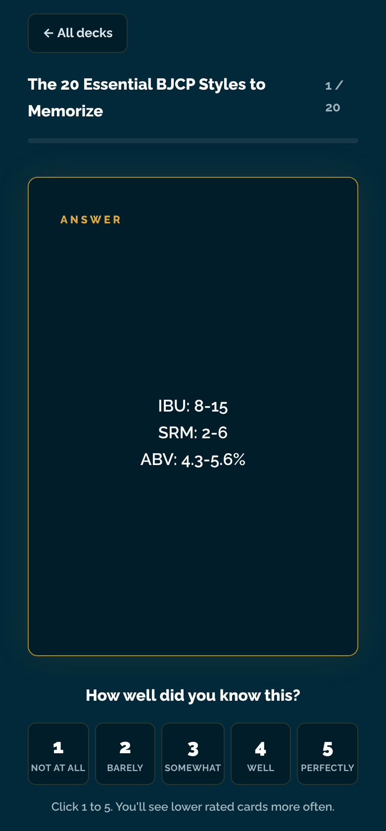 A flipped flashcard from The 20 Essential BJCP Styles deck showing IBU, SRM and ABV ranges, with the 1 to 5 confidence rating buttons below it