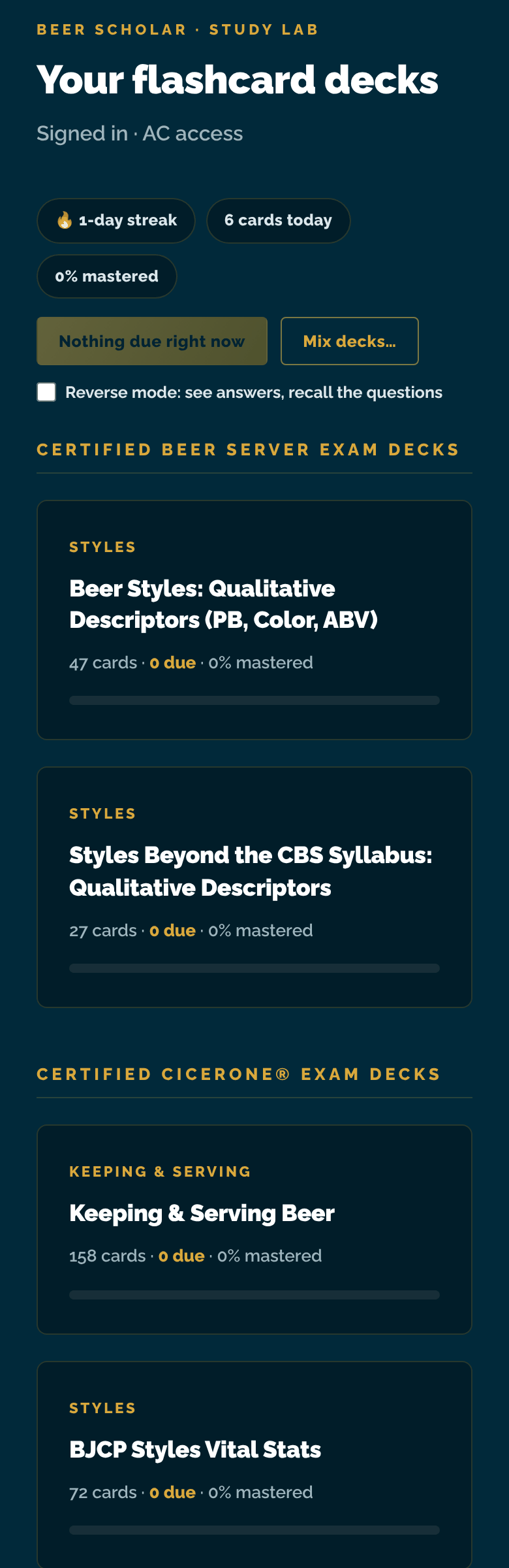 The Study Lab flashcard deck list on a phone, showing streak, cards studied today, mastery percentage and the Certified Beer Server and Certified Cicerone exam decks