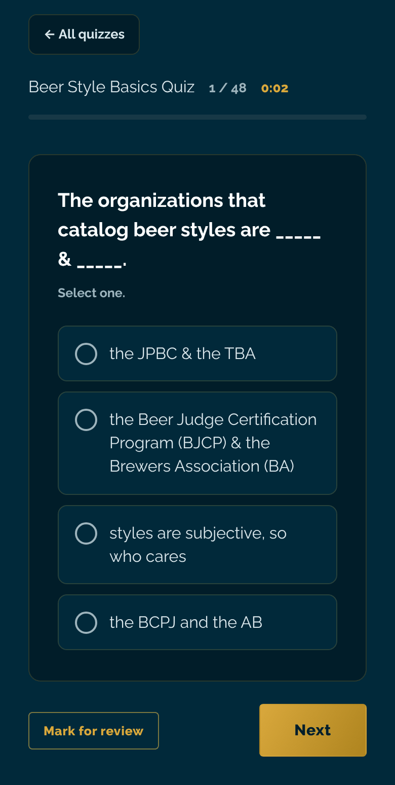 A multiple choice question from the Beer Style Basics quiz with four answer options, a timer and Mark for review and Next buttons